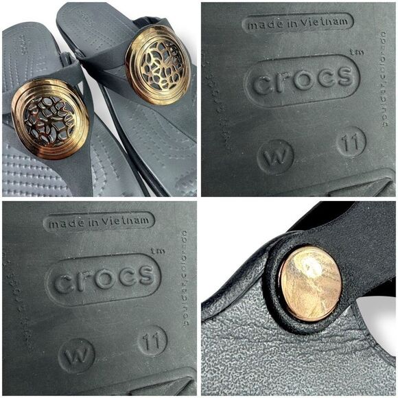 Crocs Sanrah Wedge Sandals Black Metallic Gold Circle Medallion Ring Womens 11 - Picture 11 of 13